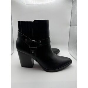 Indigo Rd Black Pointed Toe Heeled Ankle Boots Harness Detail Women's Size 8.5M